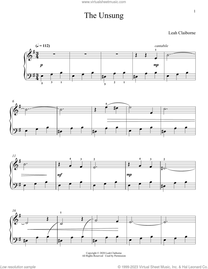 The Unsung sheet music for piano solo by Leah Claiborne, classical score, intermediate skill level