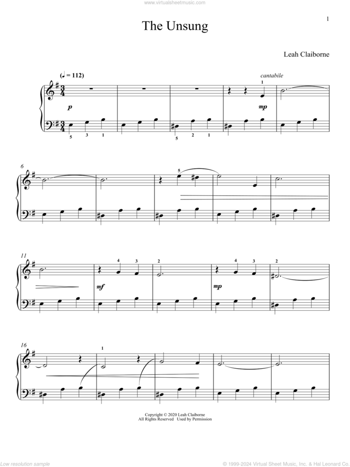 The Unsung sheet music for piano solo by Leah Claiborne, classical score, intermediate skill level