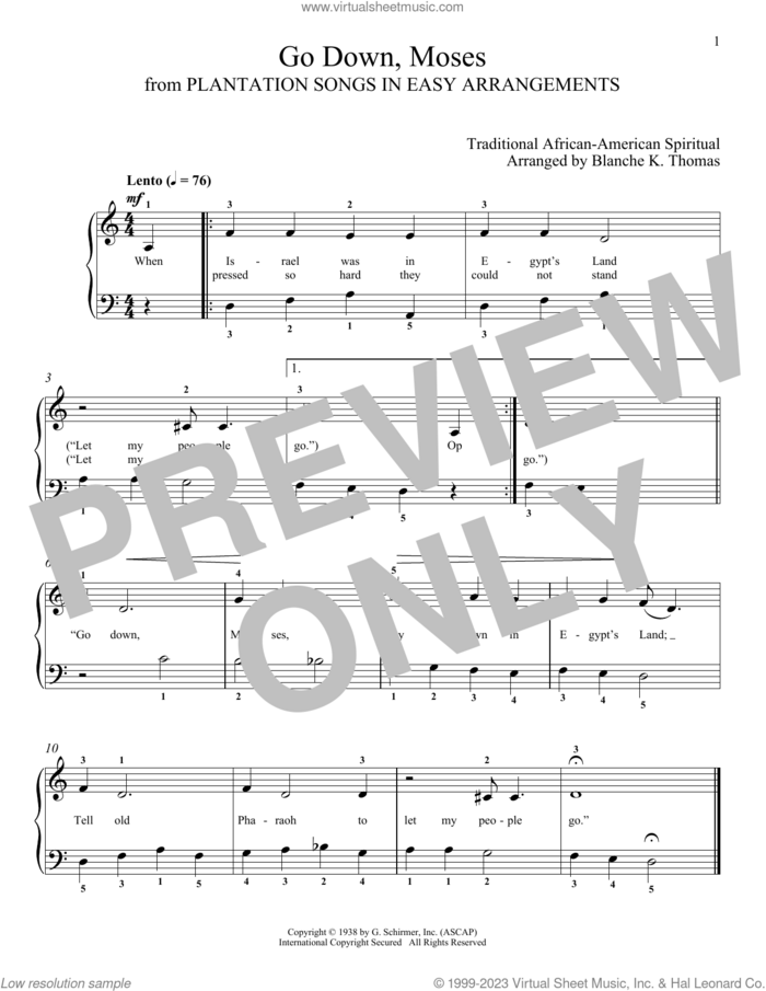 Go Down, Moses sheet music for piano solo , Blanche K. Thomas and Leah Claiborne, classical score, intermediate skill level