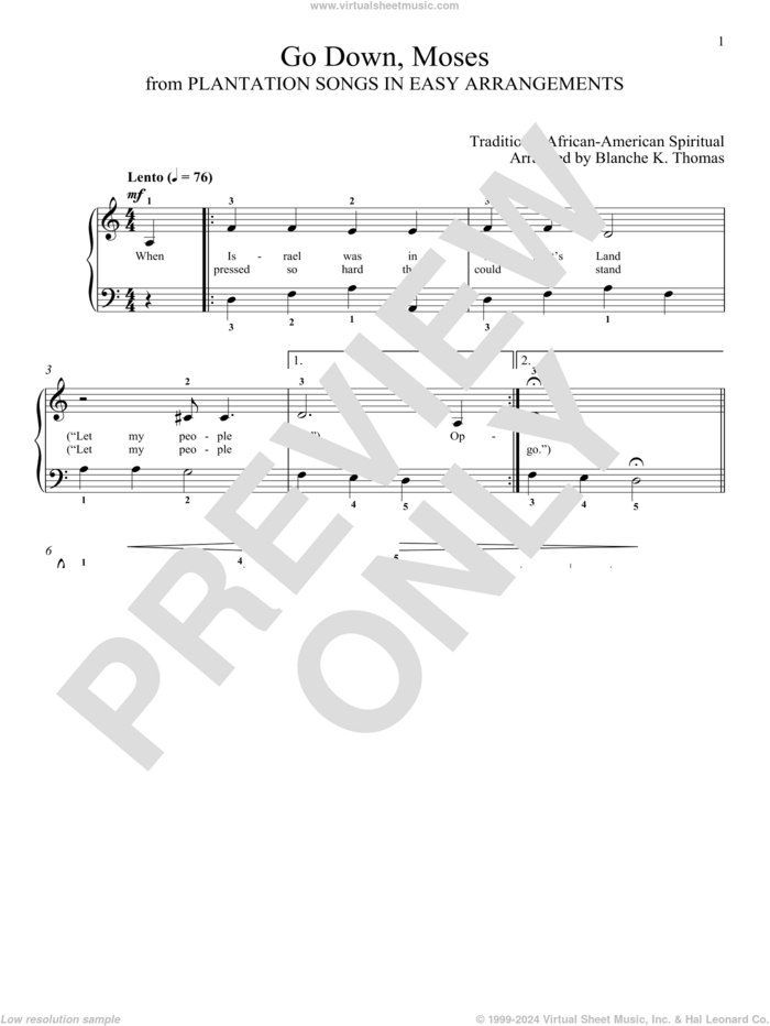 Go Down, Moses sheet music for piano solo , Blanche K. Thomas and Leah Claiborne, classical score, intermediate skill level