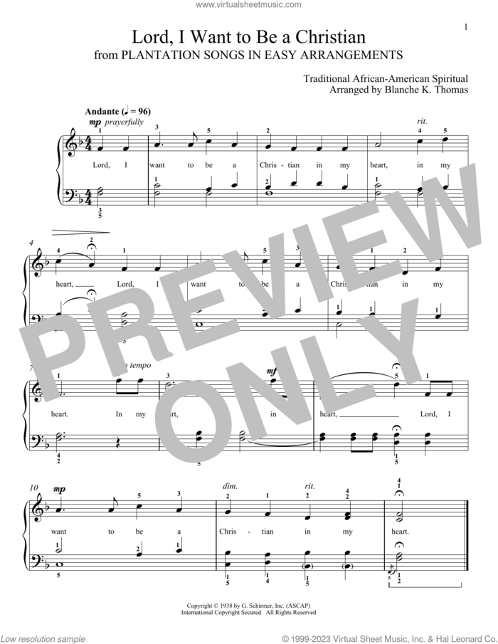 Lord, I Want To Be A Christian sheet music for piano solo , Blanche K. Thomas and Leah Claiborne, classical score, intermediate skill level