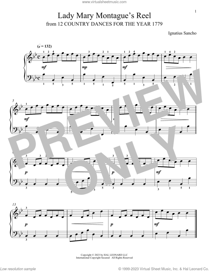 Lady Mary Montague's Reel sheet music for piano solo by Ignatius Sancho and Leah Claiborne, classical score, intermediate skill level