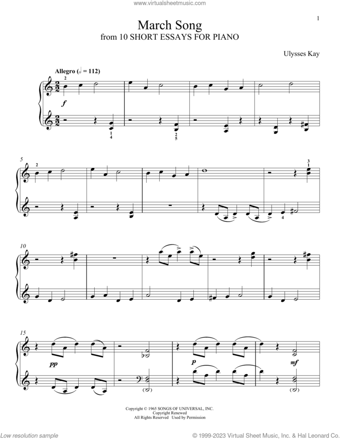 March Song sheet music for piano solo by Ulysses Kay and Leah Claiborne, classical score, intermediate skill level