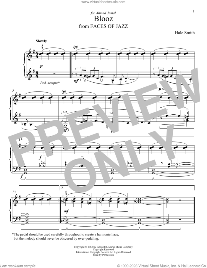Blooz sheet music for piano solo by Hale Smith and Leah Claiborne, classical score, intermediate skill level