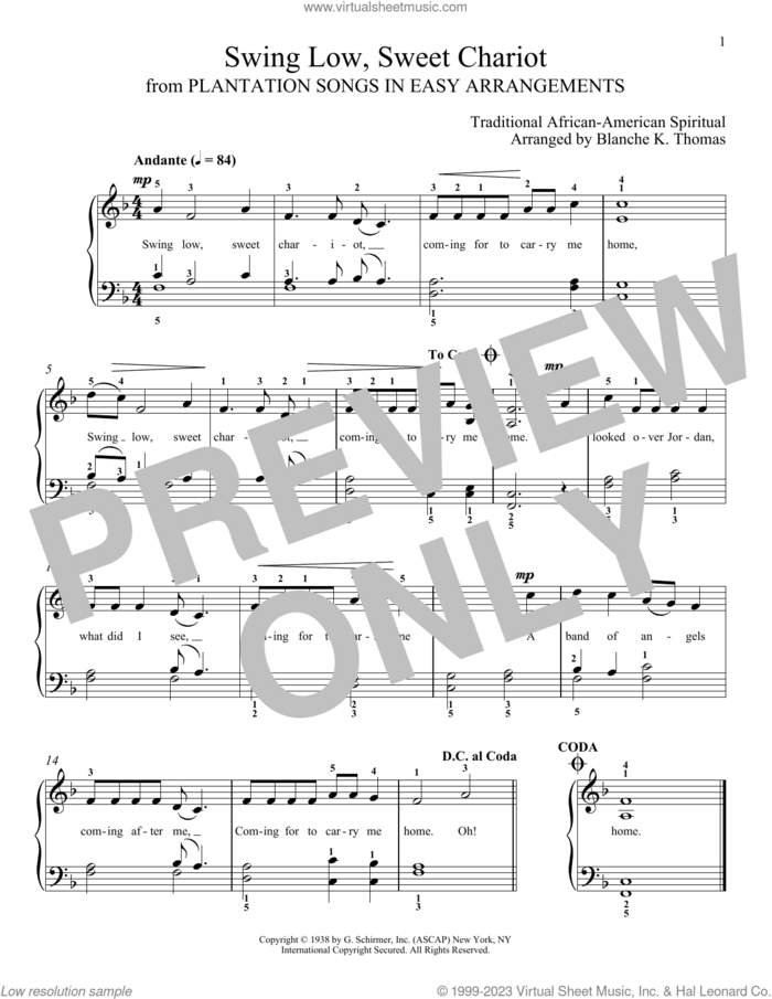Swing Low, Sweet Chariot, (intermediate) sheet music for piano solo , Blanche K. Thomas and Leah Claiborne, classical score, intermediate skill level