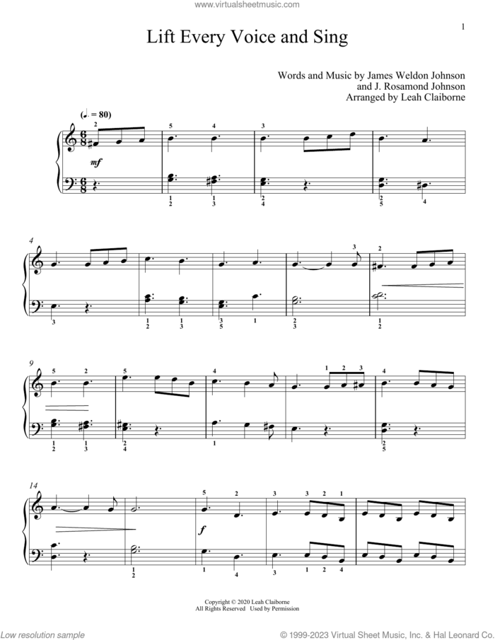 Lift Every Voice And Sing sheet music for piano solo by James Weldon Johnson, Leah Claiborne and J. Rosamond Johnson, classical score, intermediate skill level