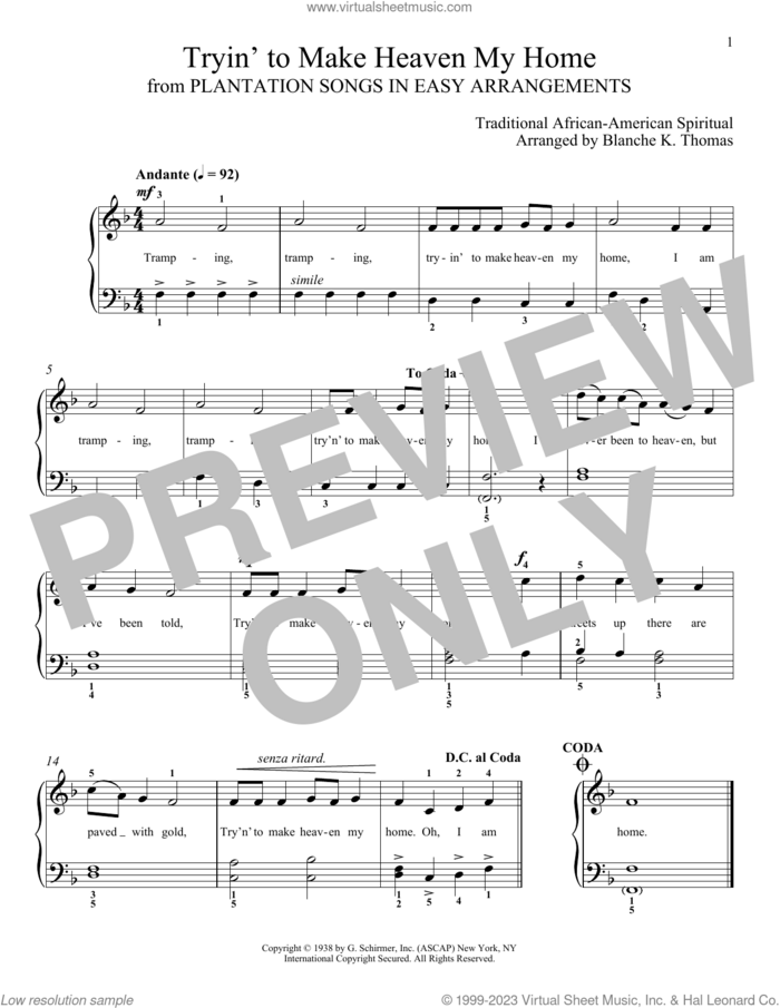 Tryin' To Make Heaven My Home sheet music for piano solo , Blanche K. Thomas and Leah Claiborne, classical score, intermediate skill level