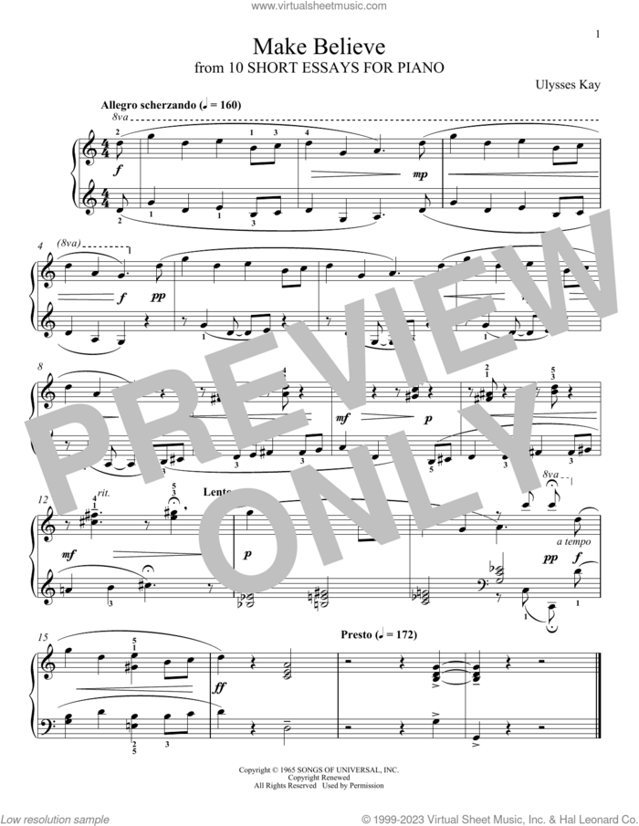 Make Believe sheet music for piano solo by Ulysses Kay and Leah Claiborne, classical score, intermediate skill level