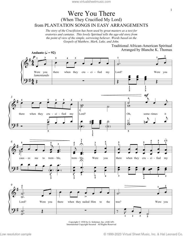 Were You There When They Crucified My Lord? sheet music for piano solo , Blanche K. Thomas and Leah Claiborne, classical score, intermediate skill level