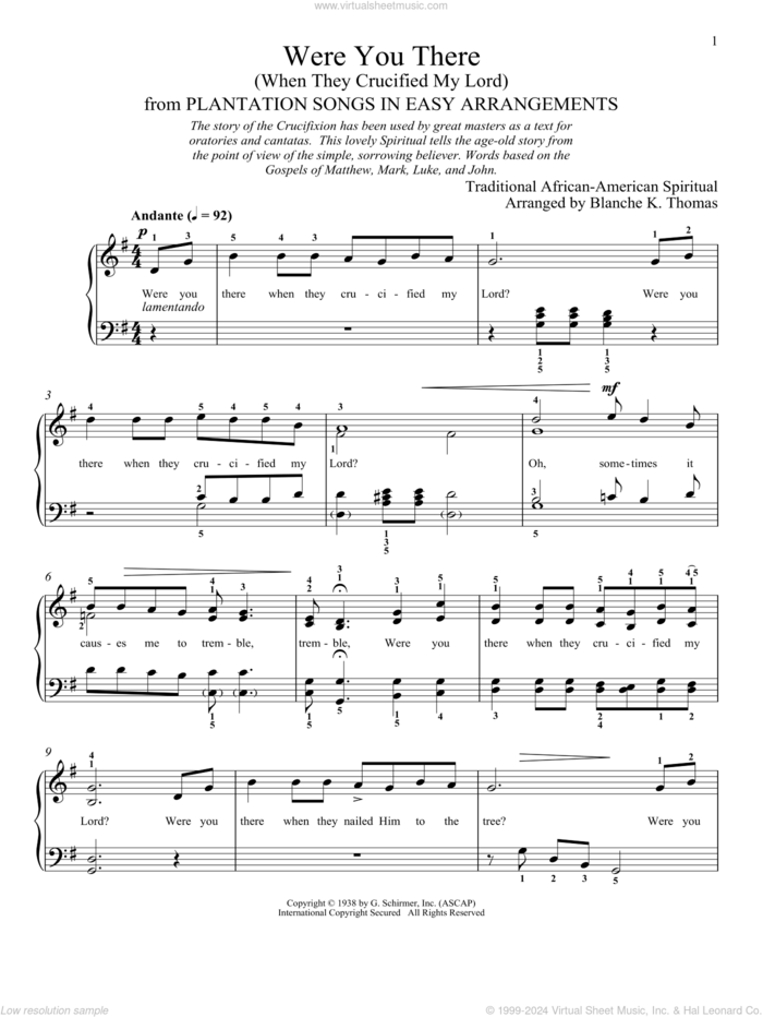 Were You There When They Crucified My Lord? sheet music for piano solo , Blanche K. Thomas and Leah Claiborne, classical score, intermediate skill level