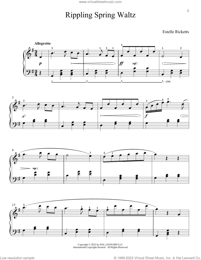 Rippling Spring Waltz sheet music for piano solo by Estelle Ricketts and Leah Claiborne, classical score, intermediate skill level