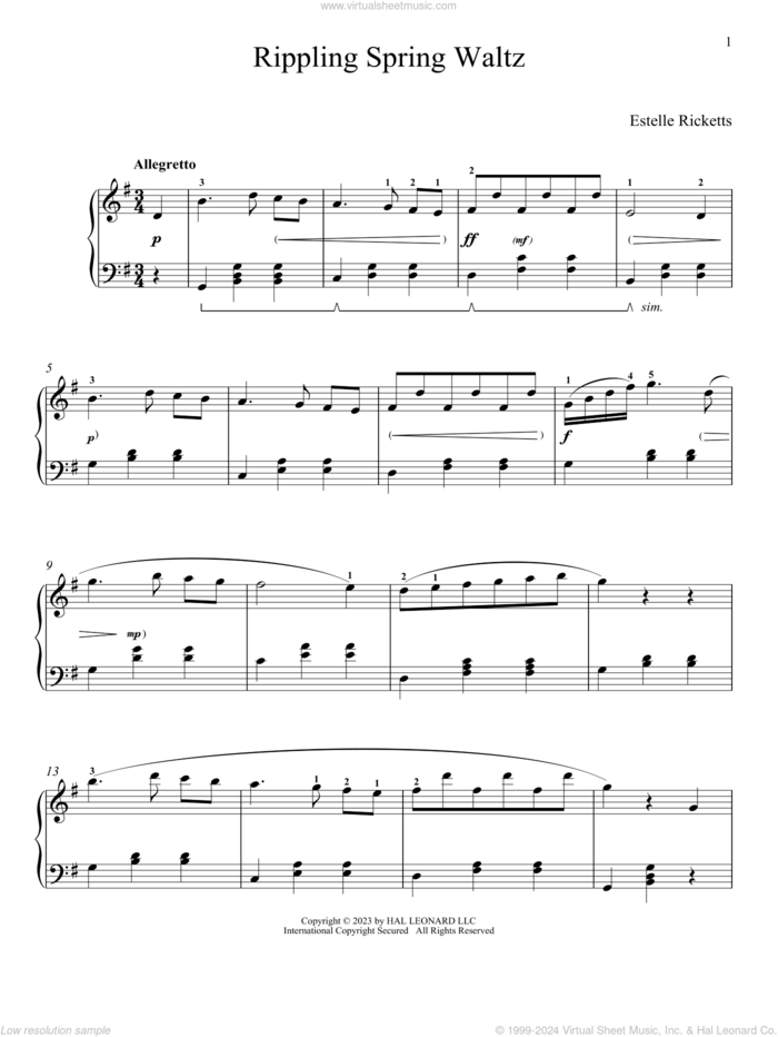 Rippling Spring Waltz sheet music for piano solo by Estelle Ricketts and Leah Claiborne, classical score, intermediate skill level