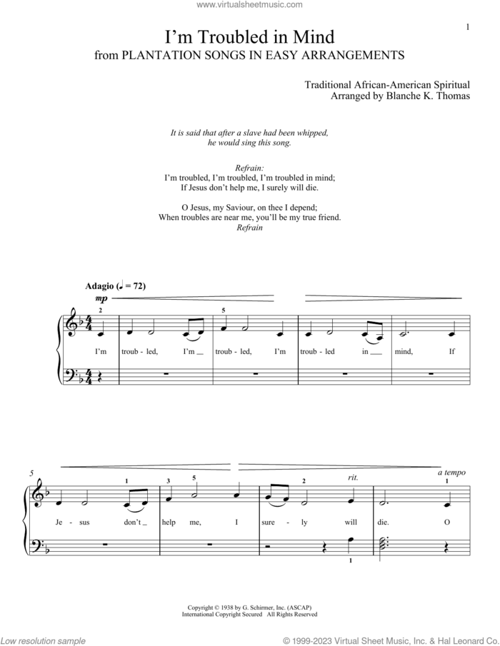 I'm Troubled In Mind sheet music for piano solo , Blanche K. Thomas and Leah Claiborne, classical score, intermediate skill level