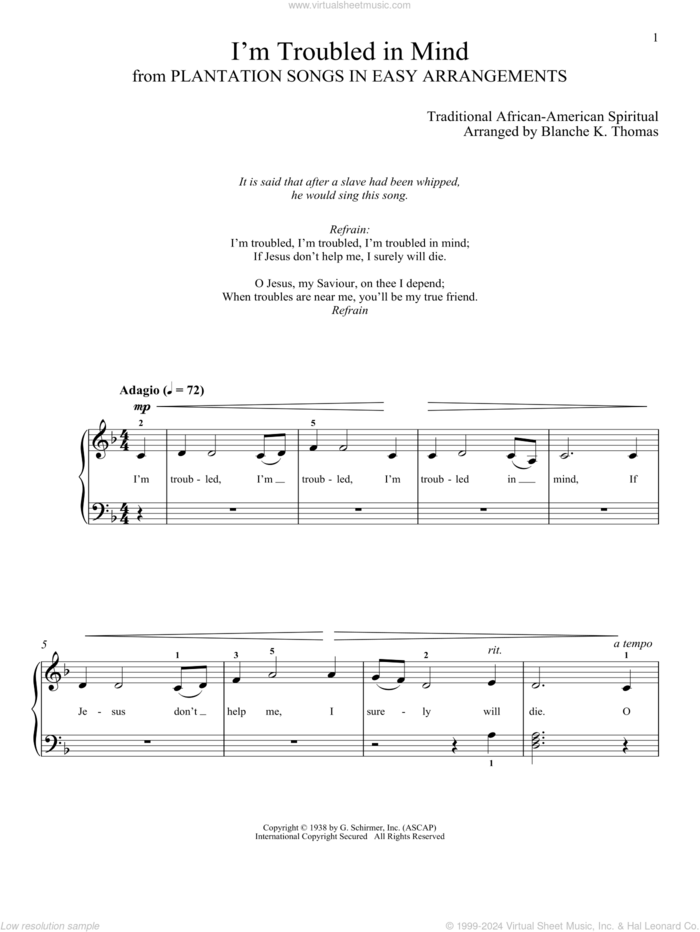 I'm Troubled In Mind sheet music for piano solo , Blanche K. Thomas and Leah Claiborne, classical score, intermediate skill level