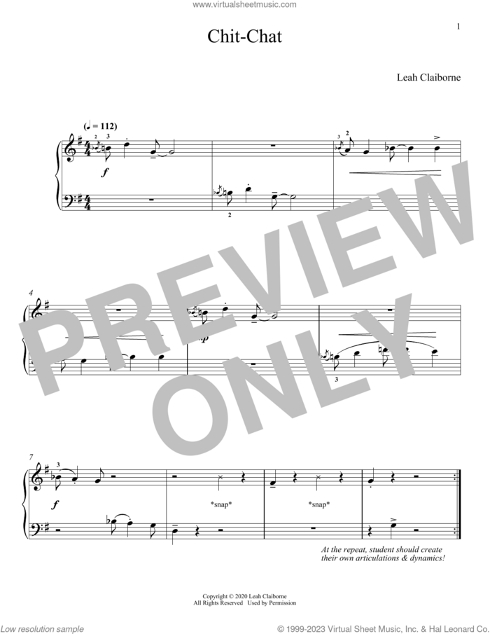 Chit-Chat sheet music for piano solo by Leah Claiborne, classical score, intermediate skill level