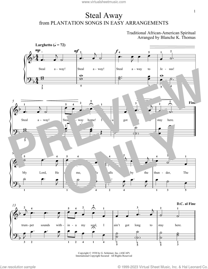 Steal Away sheet music for piano solo , Blanche K. Thomas and Leah Claiborne, classical score, intermediate skill level