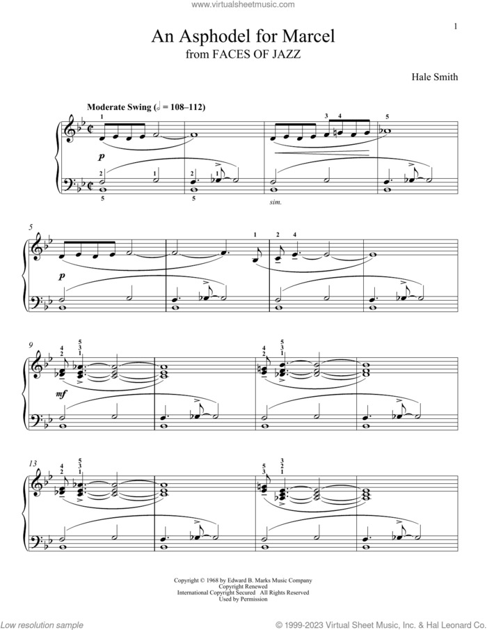 An Asphodel For Marcel sheet music for piano solo by Hale Smith and Leah Claiborne, classical score, intermediate skill level