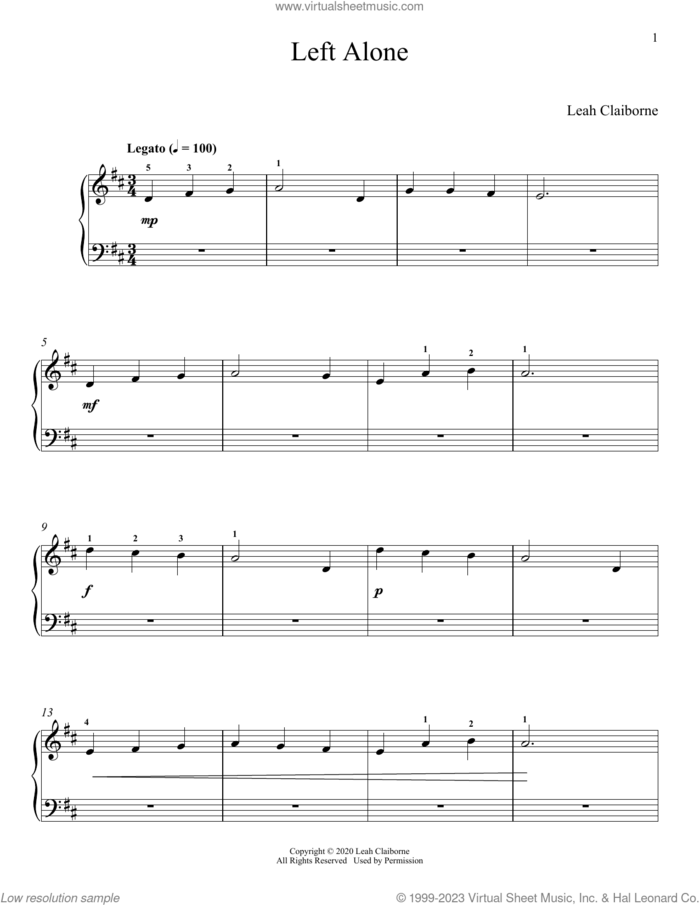 Left Alone sheet music for piano solo by Leah Claiborne, classical score, intermediate skill level