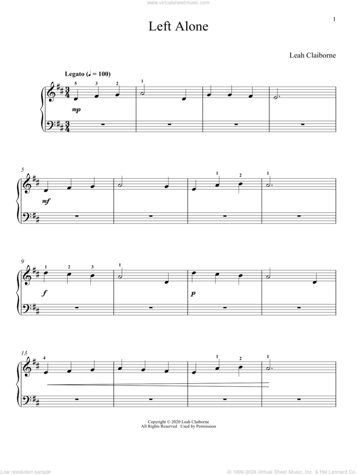 Left Alone sheet music for piano solo by Leah Claiborne, classical score, intermediate skill level