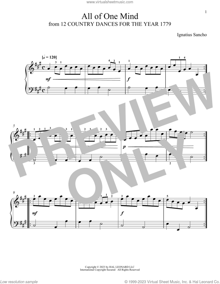 All Of One Mind sheet music for piano solo by Ignatius Sancho and Leah Claiborne, classical score, intermediate skill level