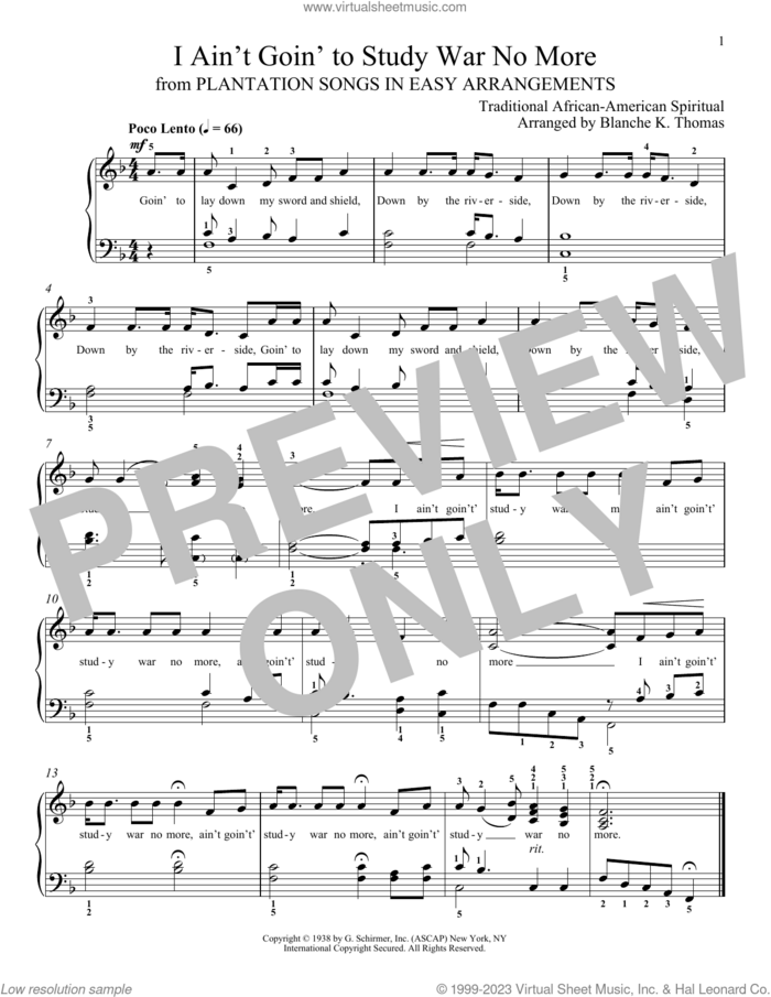 I Ain't Goin' To Study War No More sheet music for piano solo , Blanche K. Thomas and Leah Claiborne, classical score, intermediate skill level