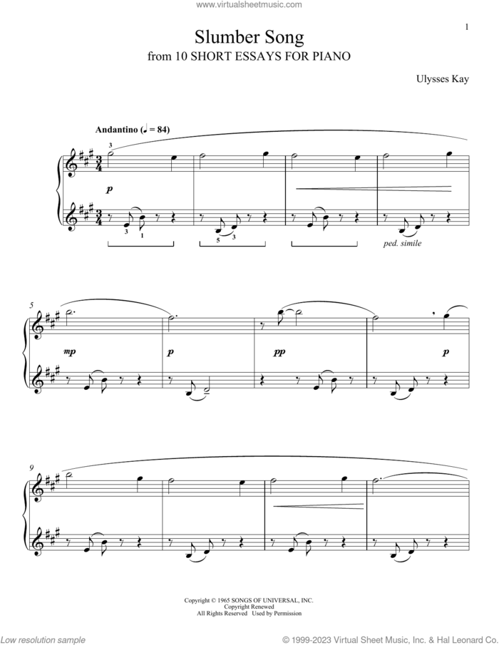Slumber Song sheet music for piano solo by Ulysses Kay and Leah Claiborne, classical score, intermediate skill level