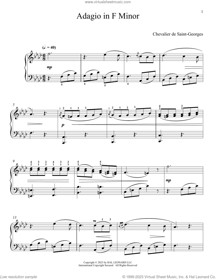 Adagio In F Minor sheet music for piano solo by Chevalier de Saint-Georges and Leah Claiborne, classical score, intermediate skill level