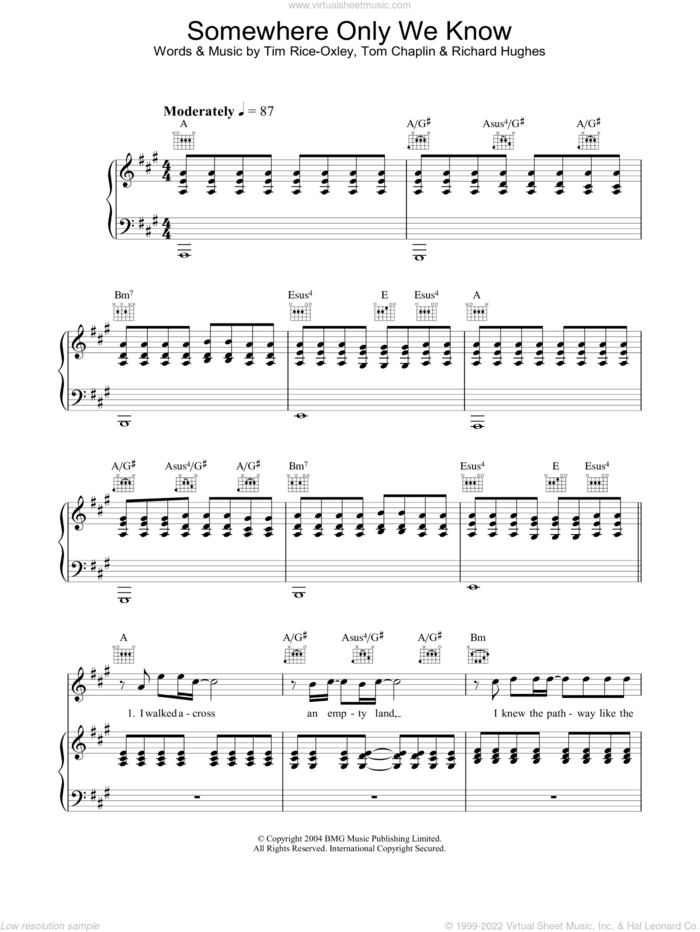 Somewhere Only We Know sheet music for voice, piano or guitar by Tim Rice-Oxley, intermediate skill level