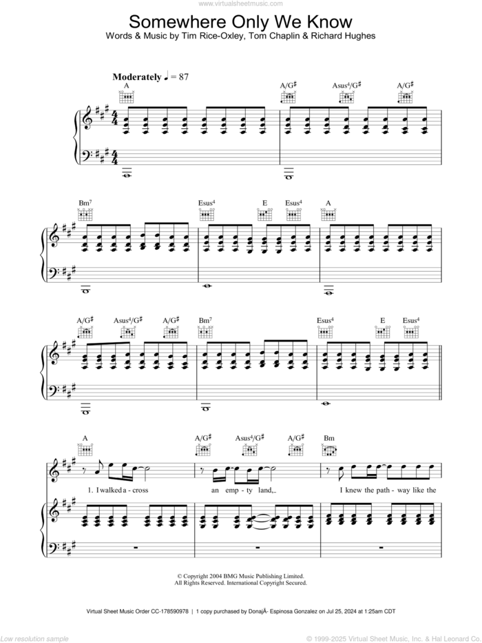 Somewhere Only We Know sheet music for voice, piano or guitar by Tim Rice-Oxley, intermediate skill level