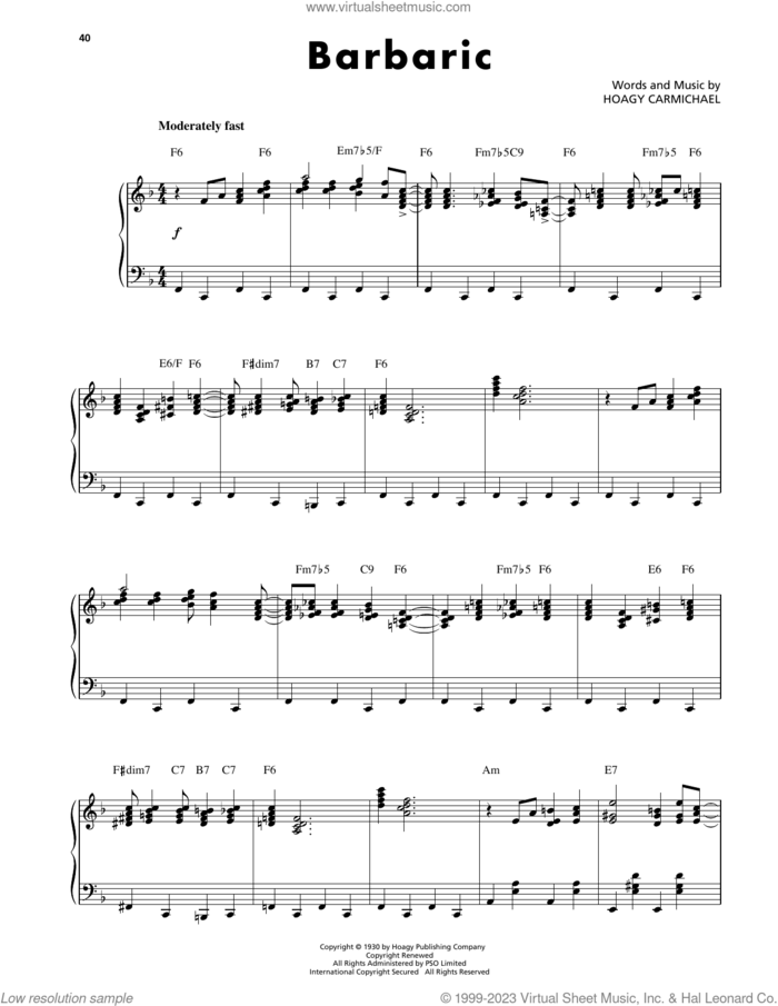 Barbaric sheet music for piano solo by Hoagy Carmichael, intermediate skill level