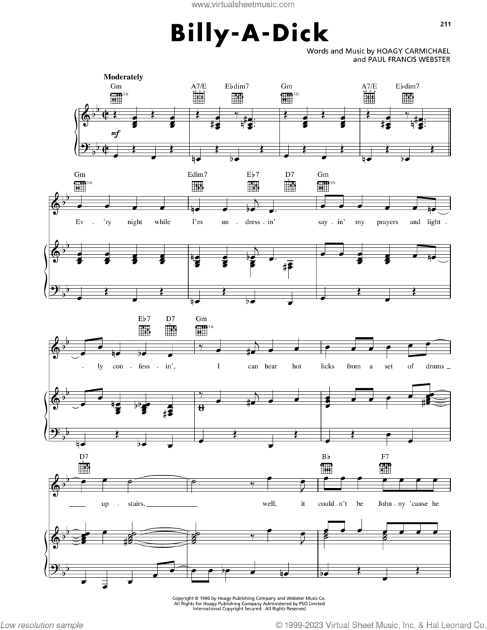 Billy-A-Dick sheet music for voice, piano or guitar by Hoagy Carmichael and Paul Francis Webster, intermediate skill level