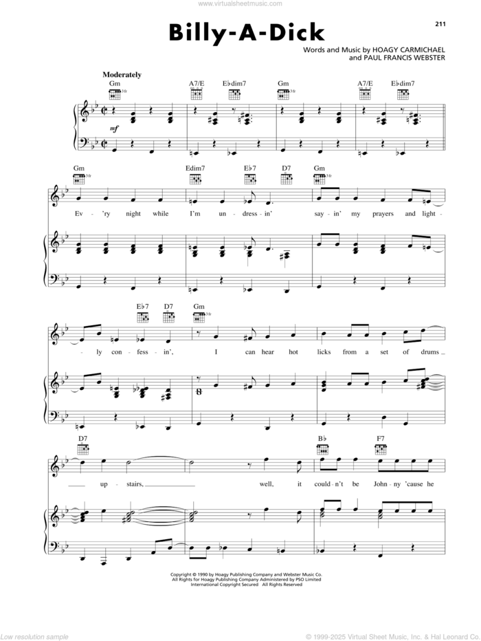 Billy-A-Dick sheet music for voice, piano or guitar by Hoagy Carmichael and Paul Francis Webster, intermediate skill level