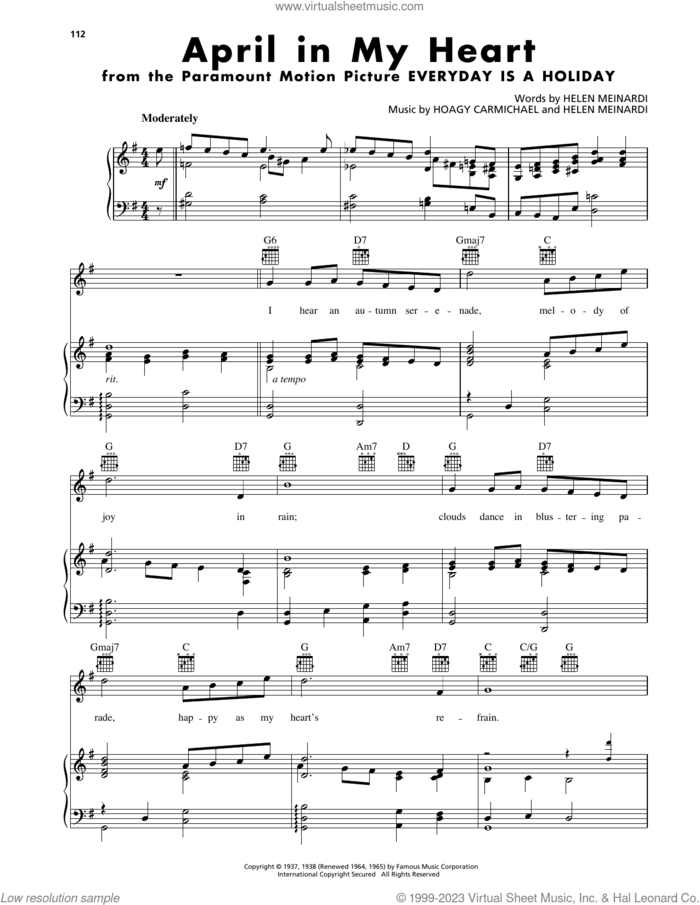 April In My Heart sheet music for voice, piano or guitar by Hoagy Carmichael and Helen Meinardi, intermediate skill level
