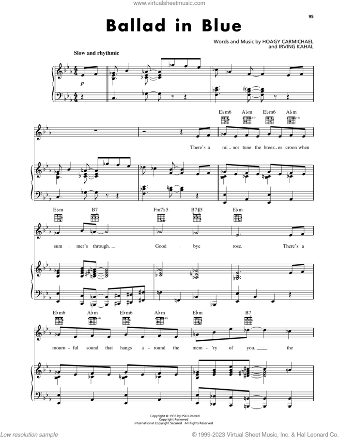 Ballad In Blue sheet music for voice, piano or guitar by Hoagy Carmichael and Irving Kahal, intermediate skill level