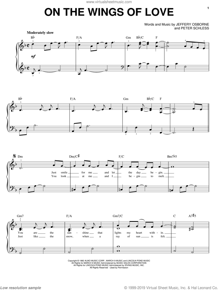On The Wings Of Love sheet music for piano solo by Jeffrey Osborne and Peter Schless, wedding score, easy skill level