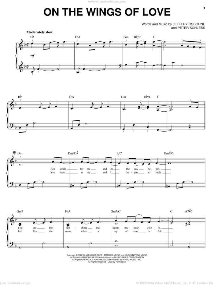 On The Wings Of Love sheet music for piano solo by Jeffrey Osborne and Peter Schless, wedding score, easy skill level