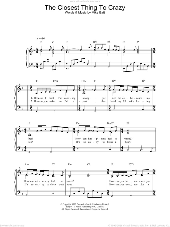 The Closest Thing To Crazy, (intermediate) sheet music for piano solo by Katie Melua, intermediate skill level