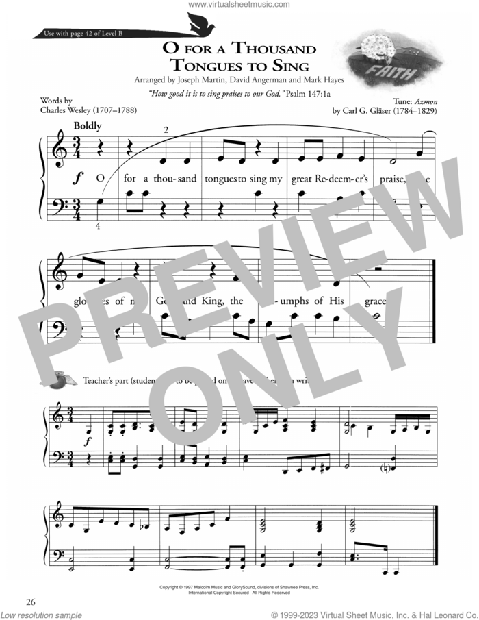 O For A Thousand Tongues To Sing sheet music for piano solo (method) by Charles Wesley, David Angerman, Joseph M. Martin, Mark Hayes and Carl G. Glaser, beginner piano (method)
