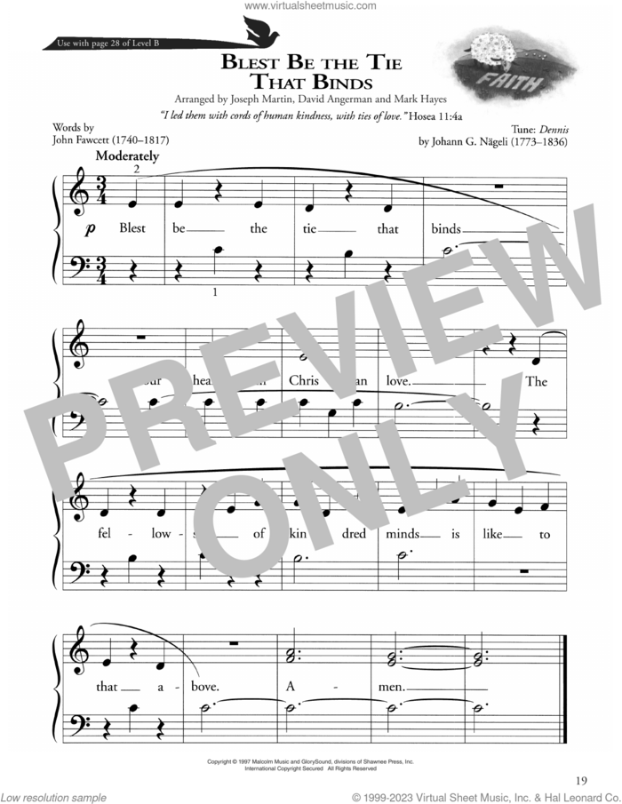 Blest Be The Tie That Binds sheet music for piano solo (method) by John Fawcett, David Angerman, Joseph M. Martin, Mark Hayes and Johann G. Nageli, beginner piano (method)
