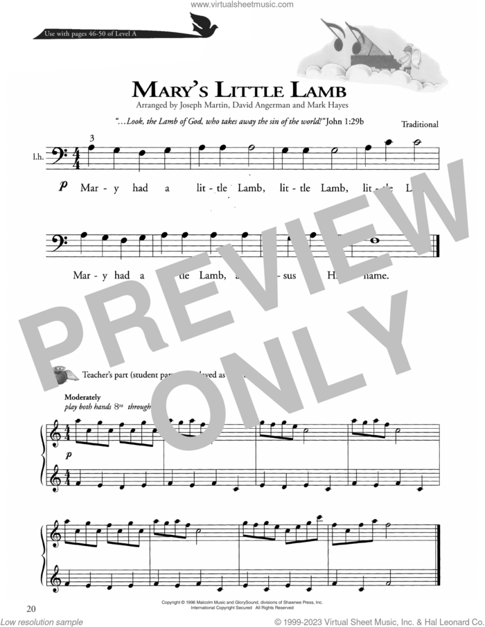 Mary's Little Lamb sheet music for piano solo (method) , David Angerman, Joseph M. Martin and Mark Hayes, beginner piano (method)