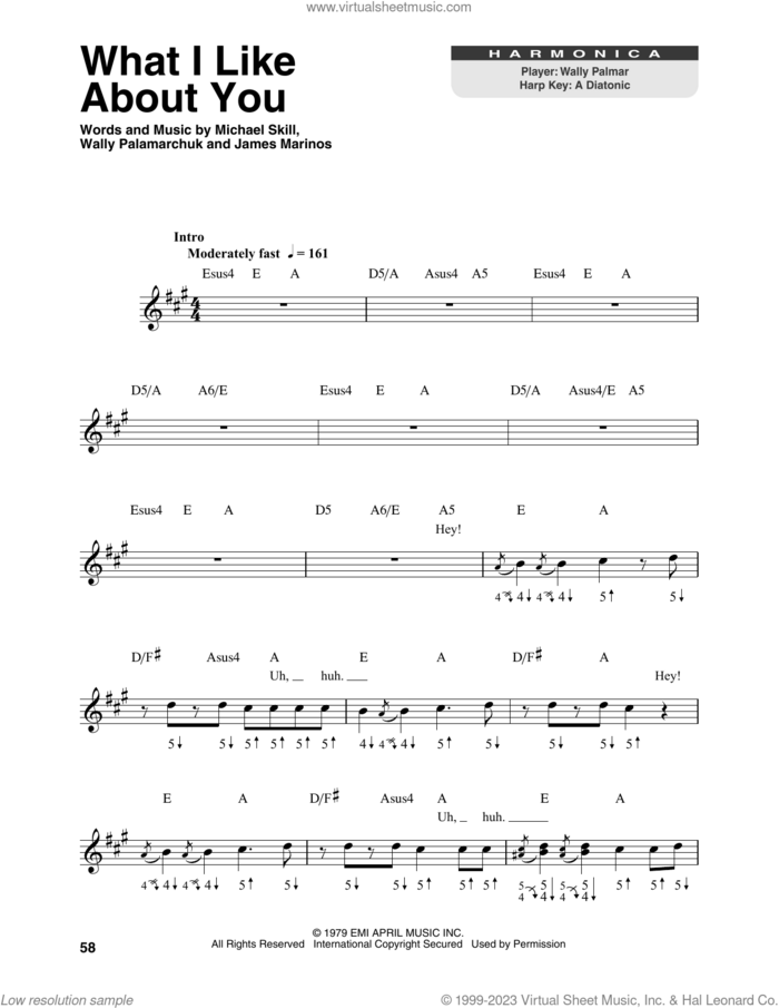 What I Like About You sheet music for harmonica solo by The Romantics, James Marinos, Michael Skill and Wally Palamarchuk, intermediate skill level
