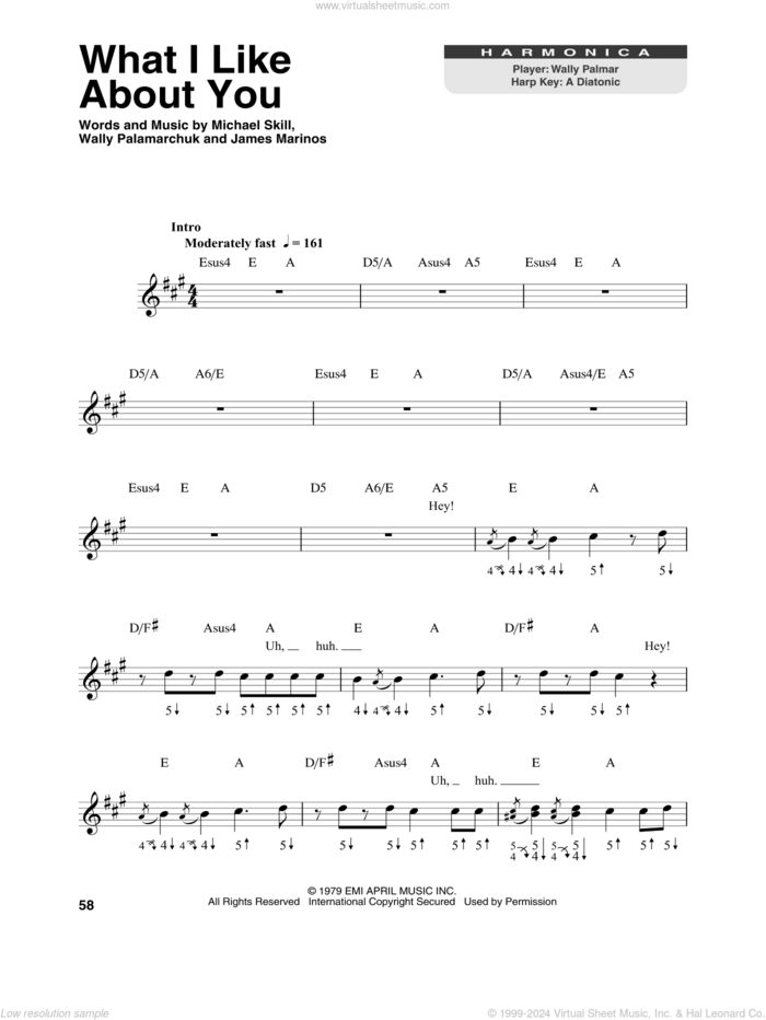 What I Like About You sheet music for harmonica solo by The Romantics, James Marinos, Michael Skill and Wally Palamarchuk, intermediate skill level