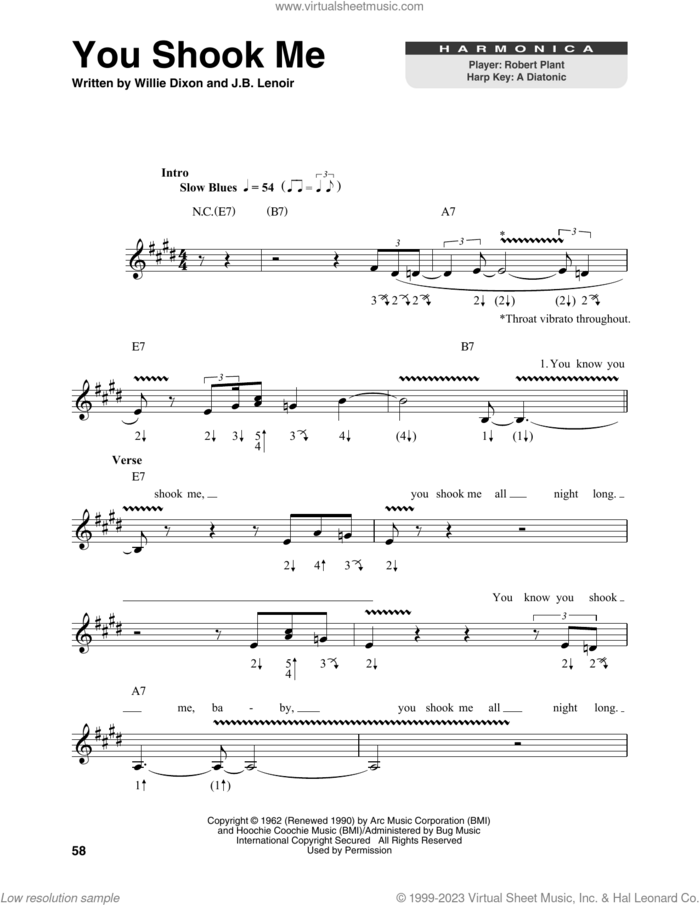 You Shook Me sheet music for harmonica solo by Led Zeppelin, Muddy Waters, J.B. Lenoir and Willie Dixon, intermediate skill level