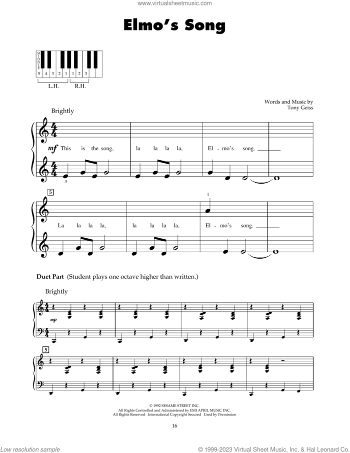 Elmo's Song sheet music for piano solo (5-fingers) by Tony Geiss, beginner piano (5-fingers)