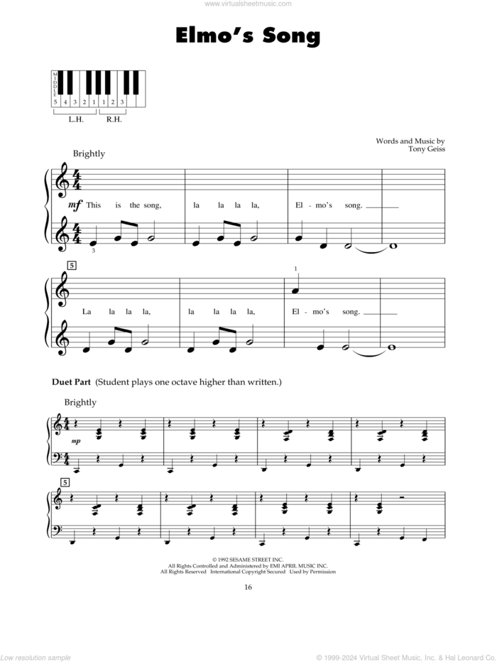 Elmo's Song sheet music for piano solo (5-fingers) by Tony Geiss, beginner piano (5-fingers)