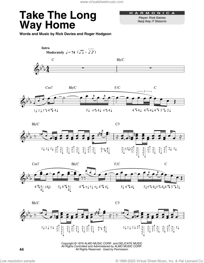 Take The Long Way Home sheet music for harmonica solo by Supertramp, Rick Davies and Roger Hodgson, intermediate skill level