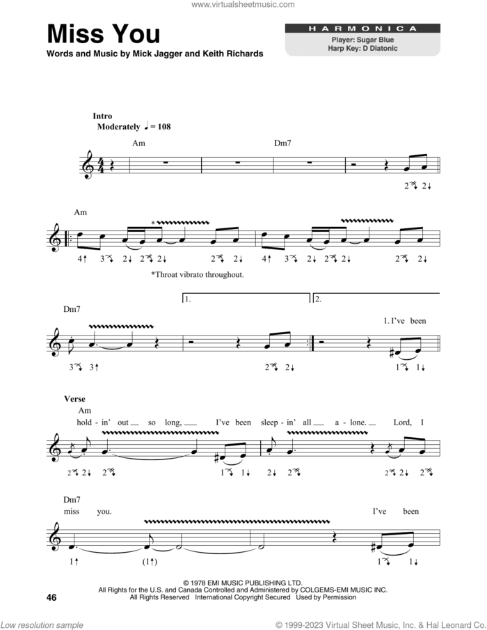 Miss You sheet music for harmonica solo by The Rolling Stones, Keith Richards and Mick Jagger, intermediate skill level