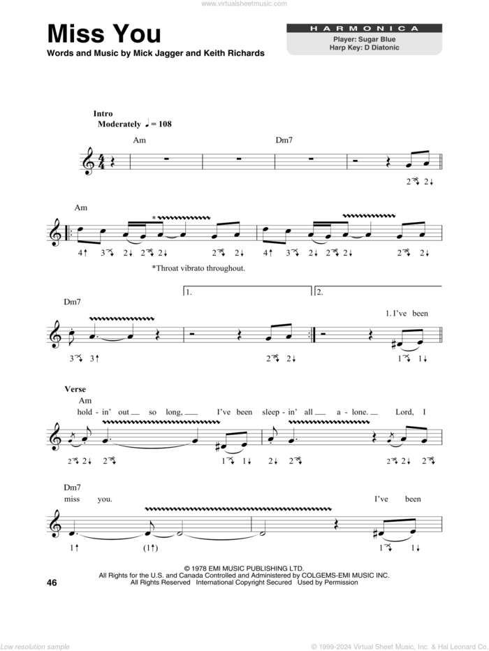 Miss You sheet music for harmonica solo by The Rolling Stones, Keith Richards and Mick Jagger, intermediate skill level