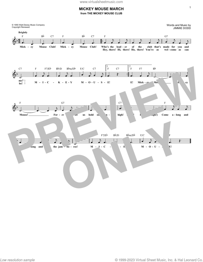 Mickey Mouse March (from The Mickey Mouse Club) sheet music for voice and other instruments (fake book) by Jimmie Dodd, intermediate skill level