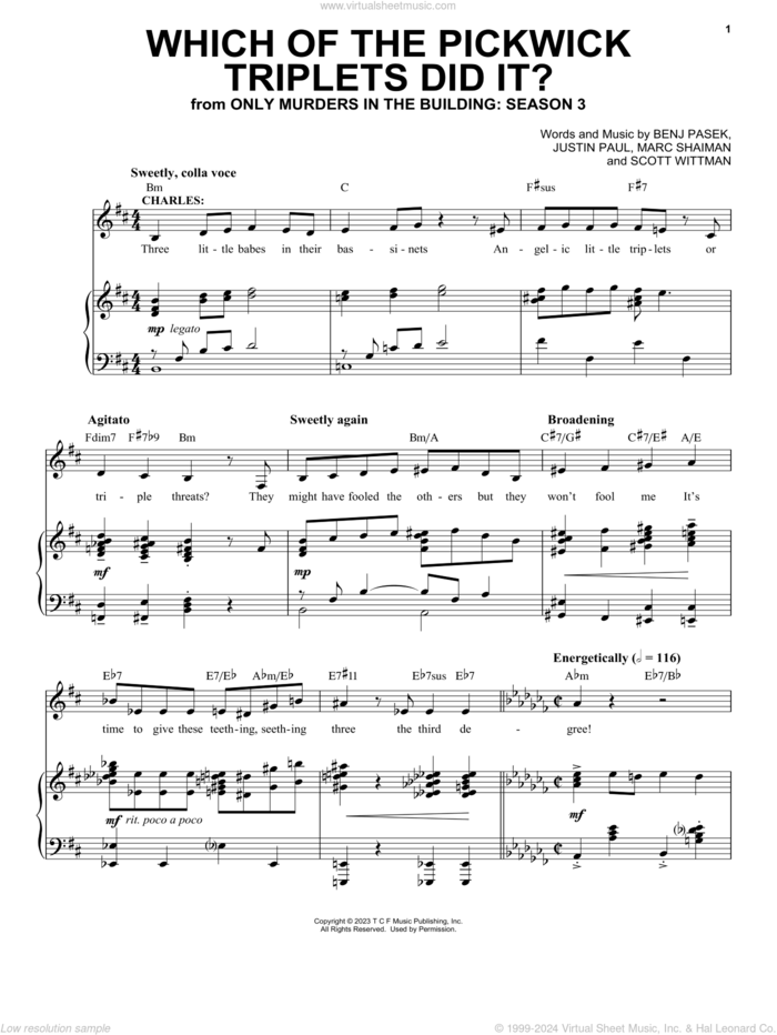 Which Of The Pickwick Triplets Did It? (from Only Murders In The Building: Season 3) sheet music for voice and piano by Steve Martin, Benj Pasek, Justin Paul, Marc Shaiman and Scott Wittman, intermediate skill level